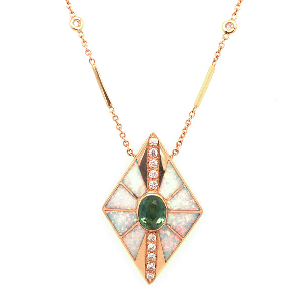 KITE WHITE  OPAL INLAY WITH GREEN TOURMALINE CENTER NECKLACE