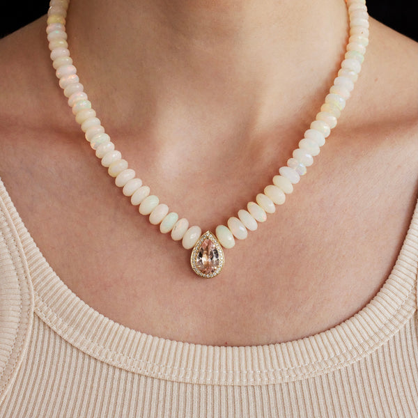 GRADUATED FACETED OPAL BEADED NECKLACE WITH PAVE MORGANITE TEARDROP