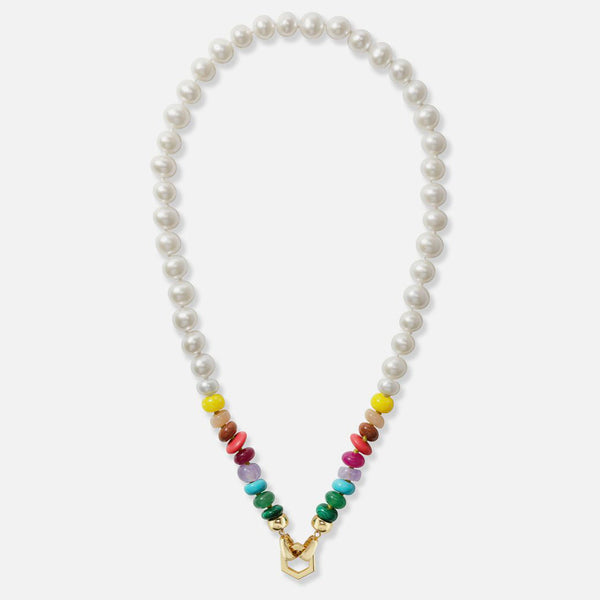 18" PEARL AND RAINBOW BEAD FOUNDATION CLASP NECKLACE