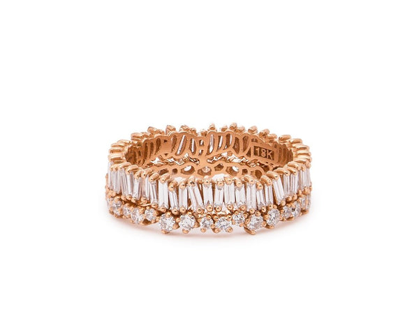 18K BAGUETTE AND ROUND TWO ROW BLISS RING