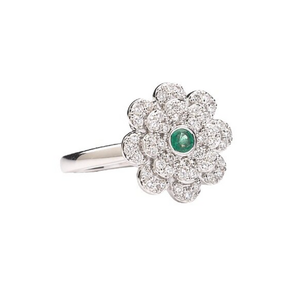 DIAMOND AND EMERALD FLOWER RING - SMALL
